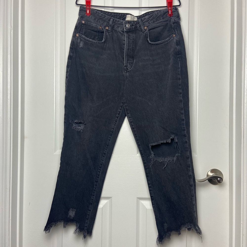 FP We The Free Black High Rise Distressed Raw Hem Boyfriend Denim Jeans Size 31